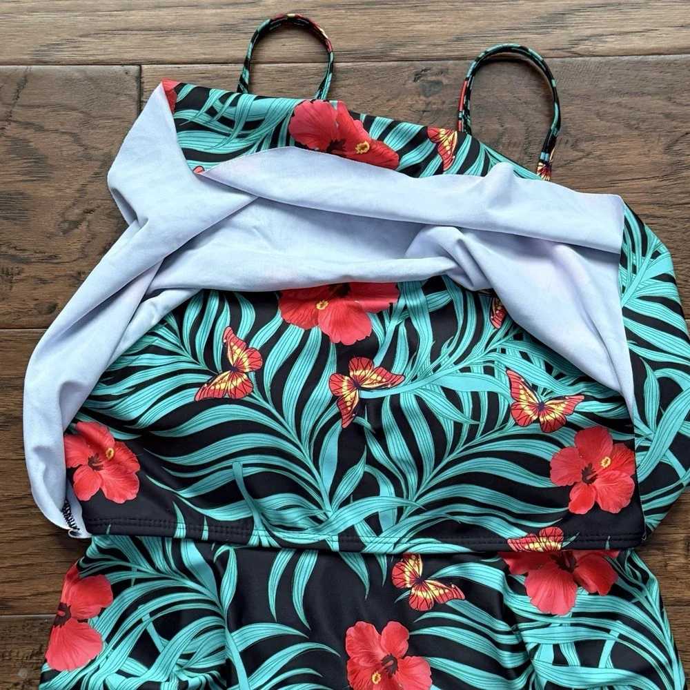 Tankini Top Tropical Hibiscus Butterfly‎ Tiered Poolside Size Teen 13-14Y